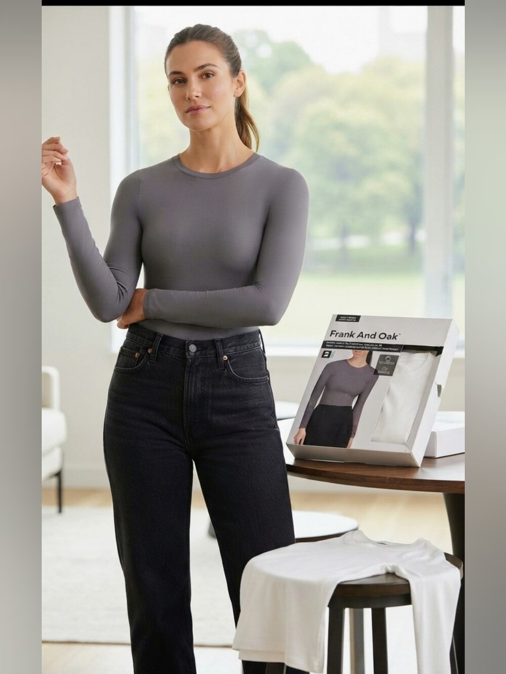 NIB FRANK AND OAK Contour Smoothing Long Sleeve Tee Pack 2 Grey White Tops S P